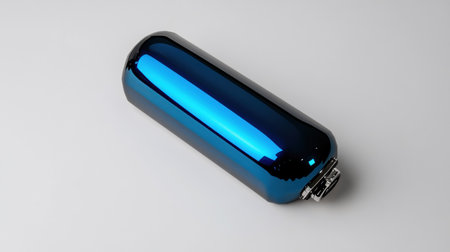 A close-up shot of a shiny, blue metallic cylinder. The object has a sleek design and reflects light, creating a modern aesthetic.の素材