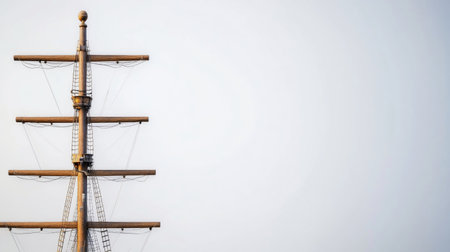 A close-up of a ships mast against a bright, clear sky. The mast is made of wood and has several crossbeams.の素材