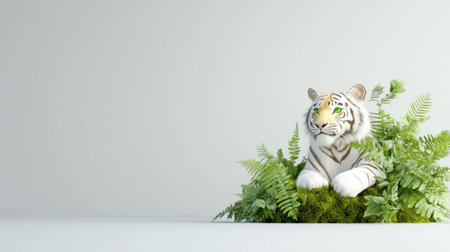 A captivating image featuring a white tiger statue nestled among vibrant green plants, creating a tranquil and artistic scene.の素材