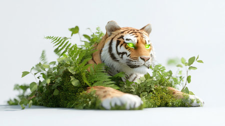 A tiger resting in green foliage, blending with nature, wildlife, and the animal kingdom.の素材