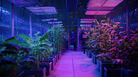 A vibrant indoor plant cultivation setup with artificial lighting, ideal for research and controlled environment studies.の素材