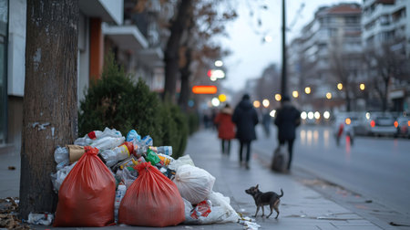 A street scene featuring trash bags, a small dog, and people walking on a rainy day.の素材