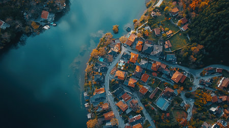 An aerial perspective showcasing a charming village with houses and roads along the edge of a serene lake, surrounded by nature.の素材