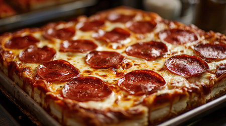 A close-up shot of a square pepperoni pizza on a baking sheet, ready to eat.の素材