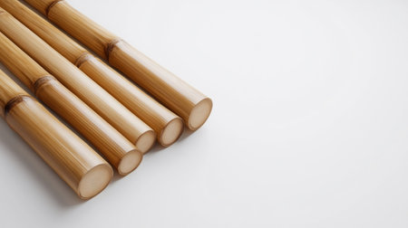 Close-up shot of several bamboo sticks arranged diagonally on a white surface, showcasing natural textures and minimalist design.の素材