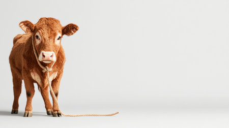 A brown cow stands in front of a white background, a studio shot with copy space.の素材