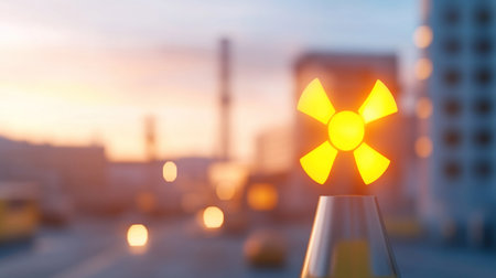 A close-up shot of a yellow cross-shaped light with a blurred cityscape in the background.の素材