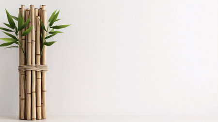 Close-up of bamboo stalks with green leaves, tied together, against a white background. Perfect for nature, zen, and wellness themes.の素材