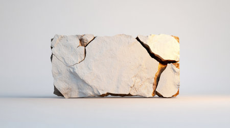 Close-up of a textured stone with cracks and light, set against a white backdrop.の素材