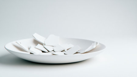 A stark image of a broken white plate, its fragments scattered within, symbolizing fragility and destruction.の素材