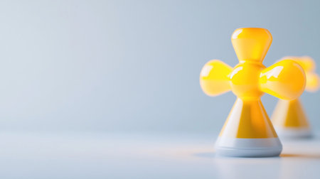 Close-up shot of two yellow plastic toy figures with a light blue background.の素材