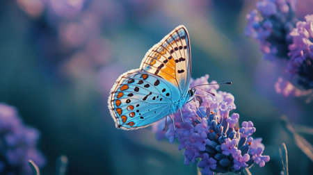 A close-up shot of a butterfly with colorful wings resting on a lavender flower, with a blurred background.の素材