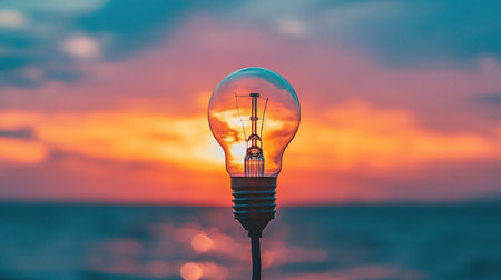 A lightbulb is silhouetted against a beautiful sunset, symbolizing ideas and innovation.の素材