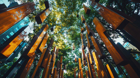An upward perspective showcasing a forest canopy with architectural elements, creating a unique visual experience.の素材