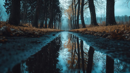 A photograph capturing a road reflecting the surrounding trees and sky, creating a moody atmosphere.の素材