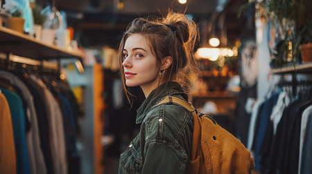 A young woman with a backpack looks over her shoulder while shopping in a vintage clothing store.の素材