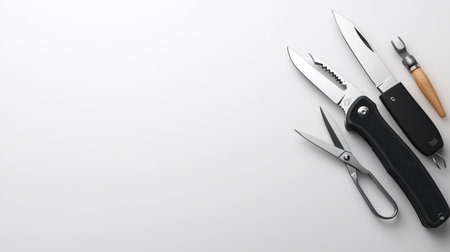 A top-down shot of several tools, including knives and scissors, arranged on a white surface. The image is well-lit and the tools are in focus.の素材