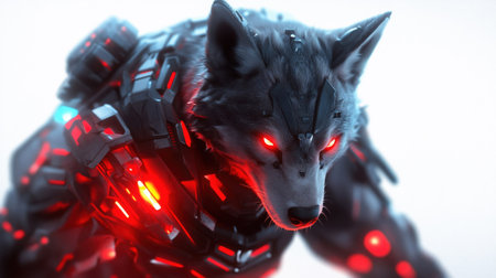 A striking image of a cybernetic wolf with glowing red eyes and intricate armor, set against a bright background.の素材