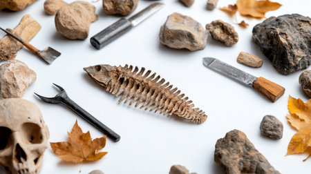 An overhead shot of a fossilized fish skeleton surrounded by tools and rocks on a white surface.の素材