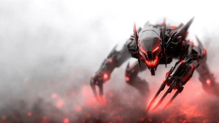 A striking image of a futuristic robot warrior, poised in a fiery battlefield, showcasing advanced technology and combat readiness.の素材