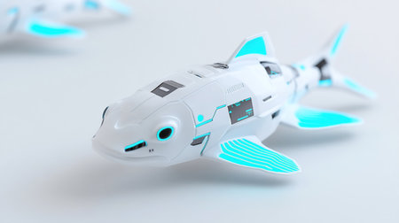 A sleek, white robotic shark with vibrant blue accents, designed for underwater exploration and technological advancement.の素材