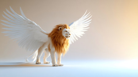 A stunning digital rendering of a lion with large, feathered wings, set against a gradient backdrop.の素材