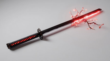 A sleek, futuristic samurai sword with a glowing red blade and intricate details.の素材