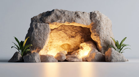 A captivating image of a cave entrance bathed in warm, inviting light, creating a sense of mystery and wonder.の素材