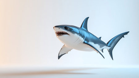 A stunning studio shot of a great white shark, showcasing its predatory features against a clean white backdrop. Perfect for marine life projects.の素材