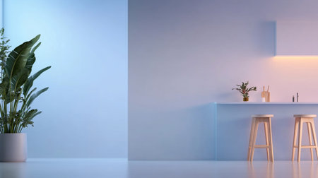 A modern kitchen with a bar and stools, a plant in a pot, and a minimalist design.の素材