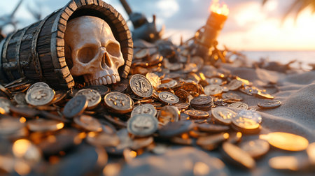A skull spilling out of a barrel with gold coins on a beach, pirate concept.の素材