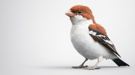 A detailed studio shot of a sparrow bird, showcasing its unique plumage and features against a clean white backdrop.の素材