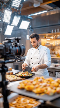 A chef in a white uniform cooking food in a pan while being filmed in a kitchen.の素材