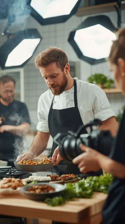 A chef is preparing food on a set with a camera and lights. The chef is wearing a black apron and a white shirt. There are other people in the background.の素材
