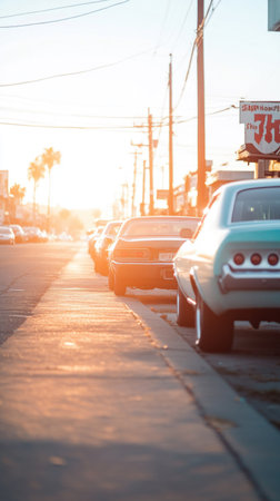 A row of vintage cars parked along a sidewalk, bathed in the warm glow of the setting sun. The scene captures a sense of nostalgia and classic automotive design.の素材