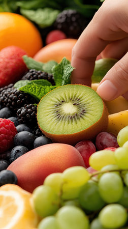 A vibrant assortment of fresh fruits, including kiwi, berries, and grapes, perfect for a healthy snack or meal.の素材