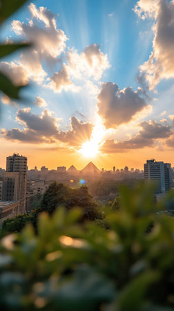 A stunning photograph capturing the vibrant colors of a sunset over a city, with buildings silhouetted against the sky.の素材