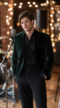 A man in a green velvet jacket stands at a microphone, ready to perform.の素材
