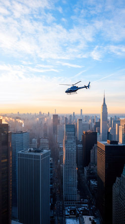 A helicopter flies over the cityscape of New York City during a beautiful sunset, showcasing the iconic skyline.の素材