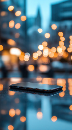 A sleek smartphone rests on a reflective surface, with a bokeh of city lights creating a visually appealing backdrop.の素材