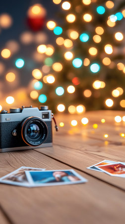 A classic camera sits on a wooden surface, with blurred Christmas lights creating a festive backdrop.の素材