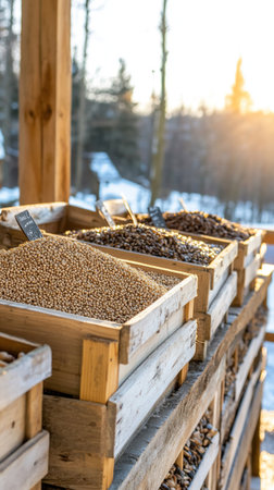 A close-up shot of wooden boxes filled with different types of grains and seeds, arranged in a row. The boxes are stacked on top of each other, with a snowy background and a glimpse of the sun.の素材