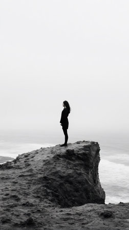 A solitary figure stands on a cliff, gazing out at the ocean in a black and white photograph.の素材