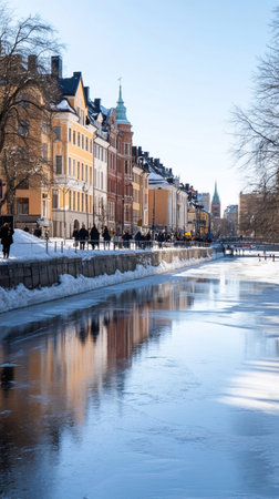 A scenic view of a winter cityscape featuring a frozen canal reflecting the surrounding buildings and clear blue sky.の素材