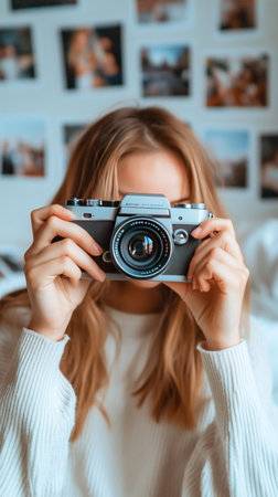 A woman is holding a vintage camera, taking a photo. The background has other photos.の素材