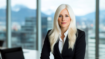 A portrait of a confident businesswoman with long blonde hair, in a modern office setting.の素材