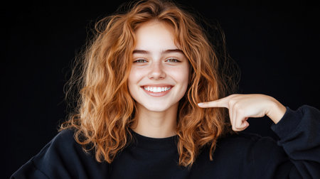 A beautiful woman with red curly hair smiles and points to her teeth, showcasing a happy and healthy expression.の素材