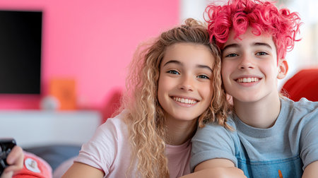 Two smiling teenagers, a girl with blonde curly hair and a boy with pink hair, posing for a photo indoors.の素材