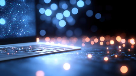 A modern laptop with a glowing screen and bokeh lights in a futuristic setting, perfect for tech and digital concepts.の素材
