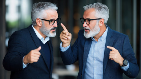 Two mature businessmen in suits are engaged in a heated argument, pointing fingers at each other in an office setting.の素材